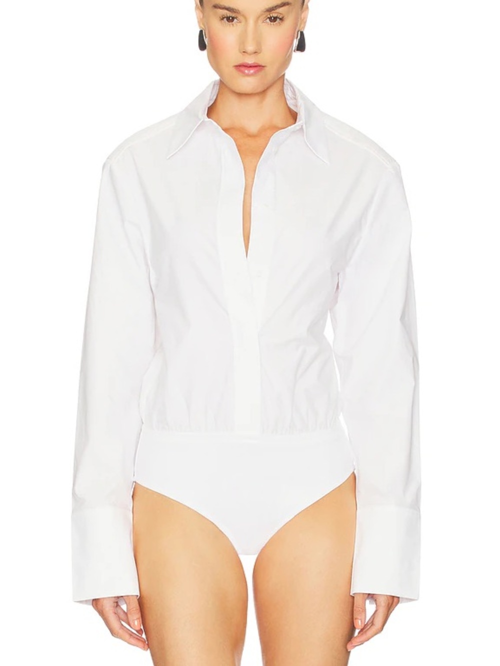 Women's White Long-Sleeve Button Bodysuit Top